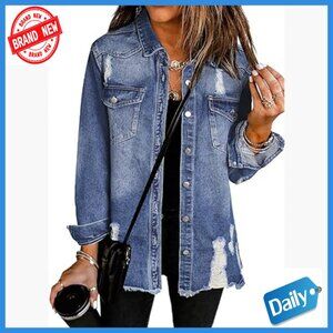Oversized Denim Jacket Long Sleeve Distressed Button Closure Loose Fit